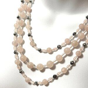 Genuine Rose Quartz Beaded Necklace, Natural Gemstone 3-Layer Statement Necklace